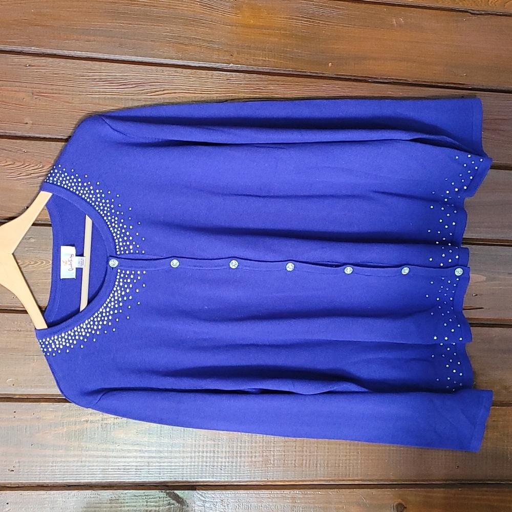 Quacker Factory Women's 2 piece purple rhinestone sweater set size XL